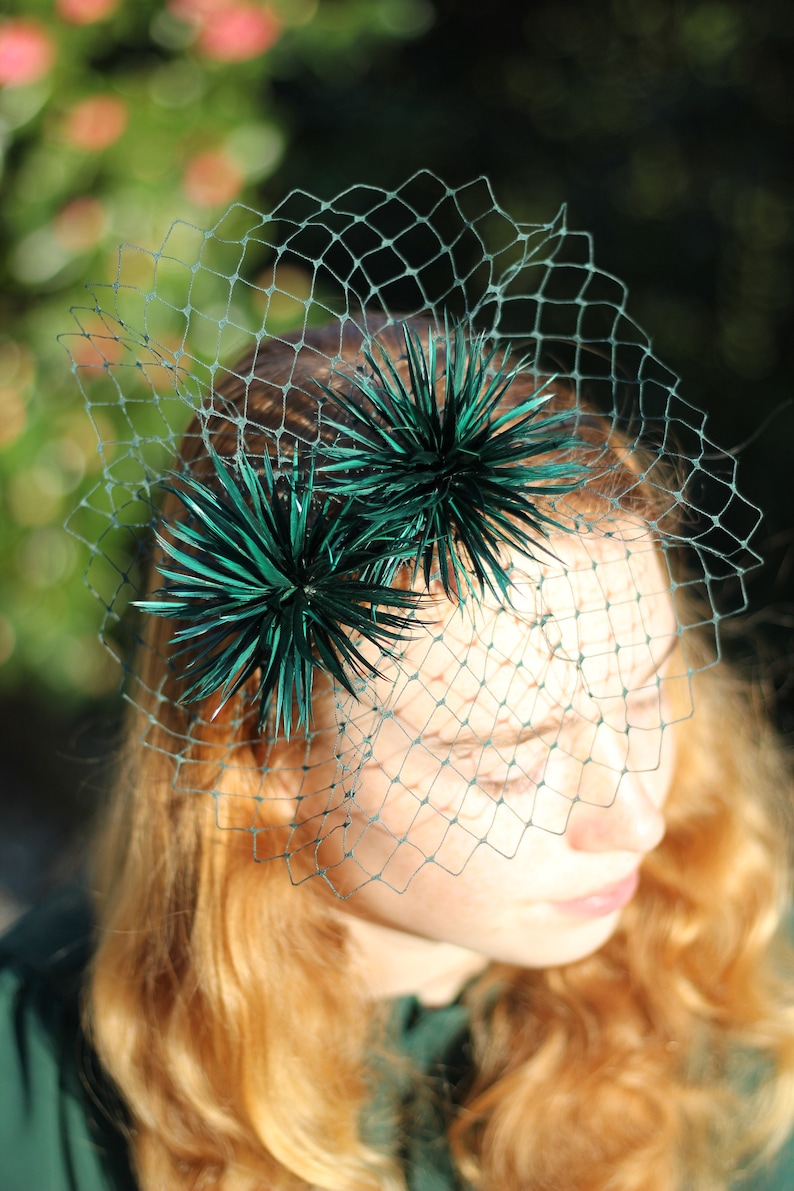 Green Feather Pom Pom Fascinator Headband, Playful Pompom Headpiece, Womens Fashion Headbands image 4