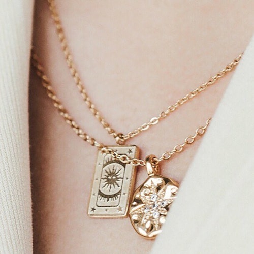Tarot card 14K gold vermeil necklace, sterling silver rectangle charm, celestial sun star moon medallion choker, minimal stacking pendant