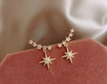 Polaris Stars Earrings climber, Dainty crystal minimalist studs, Delicate dangle 14K Gold Vermeil Sterling Silver stacking bridesmaid gift