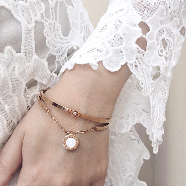 Mother of Pearl rose Gold Bangle Rose Gold crystal bangle Etsy