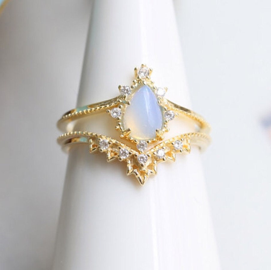 Moonstone Engagement Ring Yellow Gold Pear Shaped Crystal | Etsy