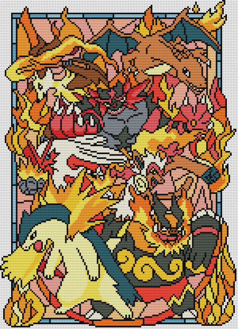 SG047 Pokemon go Fire. Cross stitch pattern pdf. Stained ...