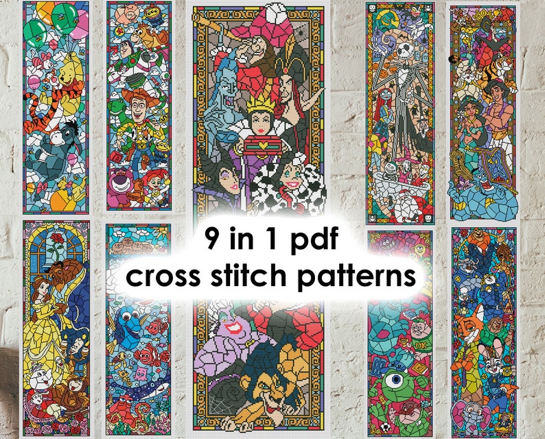 9 in 1 Disney cross stitch patterns in pdf. Stained glass Etsy