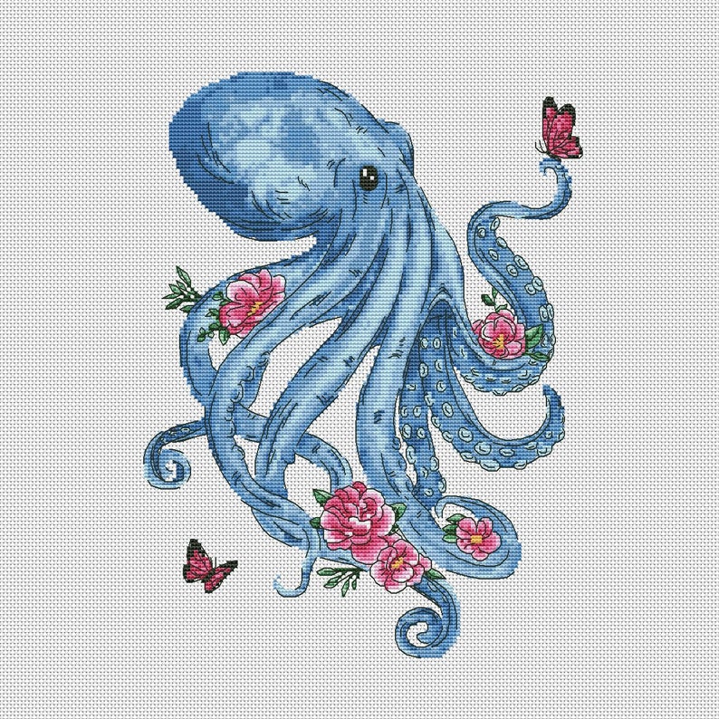 Modern Cross Stitch Pattern AN007 Blue Octopus in Pdf. | Etsy