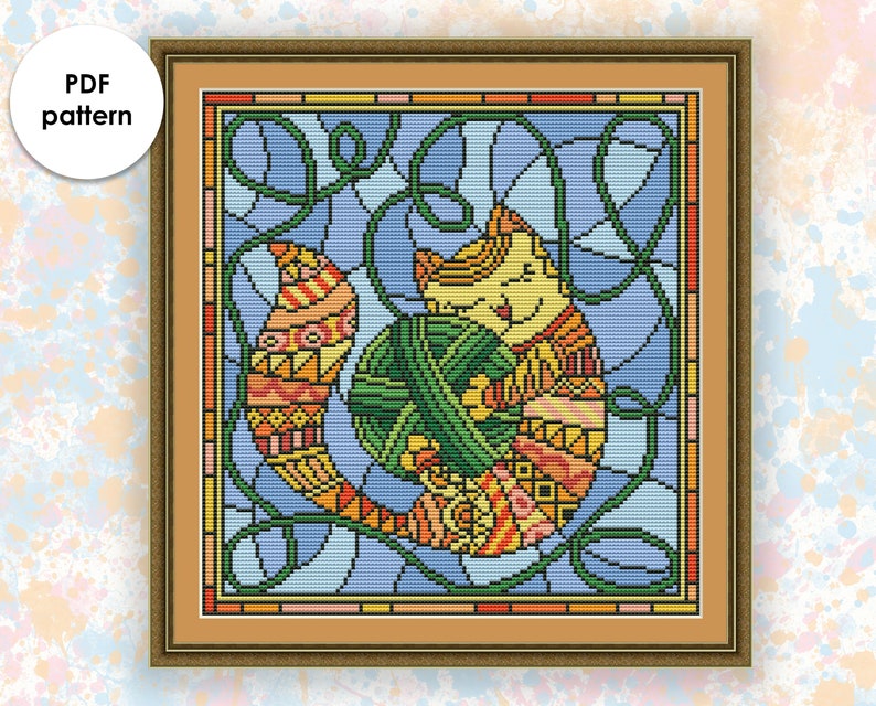 Modern Cross Stitch Pattern Op019 Cat With Yarn In Etsy