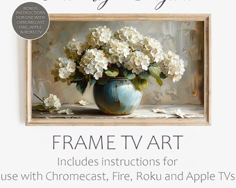 TV frame art, white hydrangeas on neutral background. Turn that big black box on your wall into framed art. Plus how to do it for a Smart TV