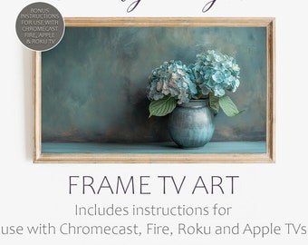 TV frame art, Blue Hydrangea bouquet on blue background. Turn that big black box on your wall into framed art. How to do it for a Smart TV