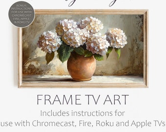 Samsung Frame TV Art, White Hydrangea bouquet on a table, Beautiful Flower Art, Warm Tonal print for all your Smart TVs. Spice up your decor