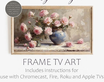 TV frame art, lush pink roses on a neutral background. Turn that big black box on your wall into framed art. Plus how to do it for Smart TV