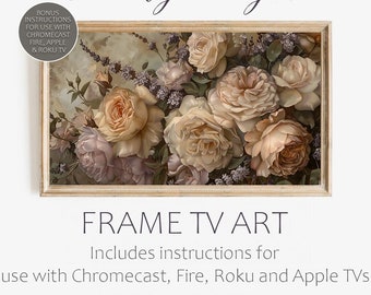 TV frame art, mixed florals on a neutral background. Turn that big black box on your wall into framed art. Plus how to do it for a Smart TV