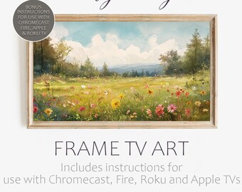 TV frame art, a spring meadow in full wildflower bloom. A beautiful way to turn that black box on your wall into framed Smart TV wall art!