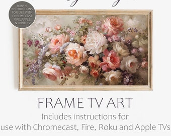 TV frame art, mixed florals on a neutral background. Turn that big black box on your wall into framed art. Plus how to do it for a Smart TV