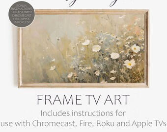 Samsung TV frame art, spring meadow in full daisy bloom. A beautiful way to turn that black box on your wall into framed Smart TV wall art!