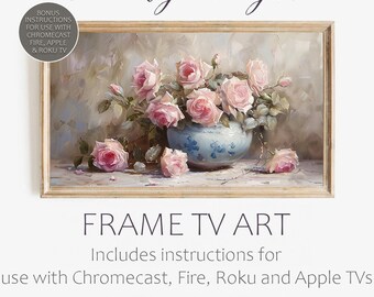 TV frame art, lush pink roses on a neutral background. Turn that big black box on your wall into framed art. Plus how to do it for Smart TV