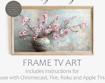 TV frame art, cherry blossoms on a neutral background. Turn that big black box on your wall into framed art. Plus how to do it for Smart TV