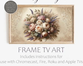 TV frame art, mixed florals on a neutral background. Turn that big black box on your wall into framed art. Plus how-to for a Smart TV