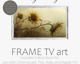 TV frame art, sunflowers on a neutral background. A beautiful way to turn that big black box on your wall into framed art. Smart TV wall art