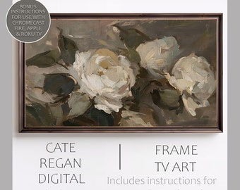 TV frame art, botanical white flowers on a neutral background. Turn that big black box on your wall into framed art. Smart TV wall art!