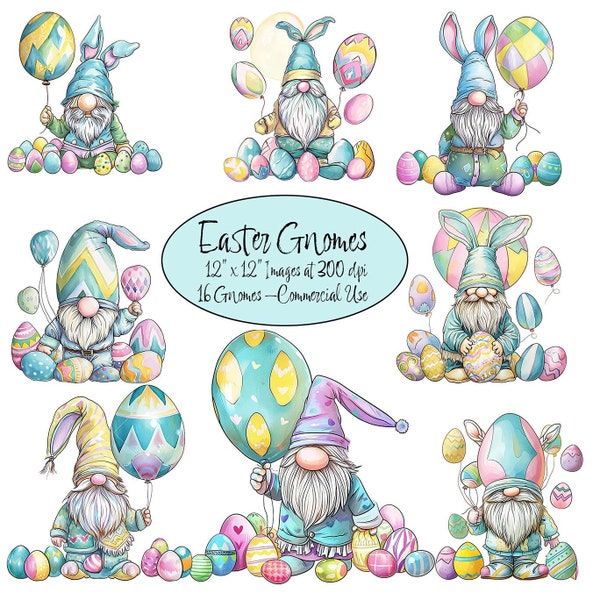 Swedish Easter Gnomes. 16 gnomes with Easter Eggs. Transparent Watercolor PNGs. Sublimation, junk journaling, scrapbook art, and fussy cuts