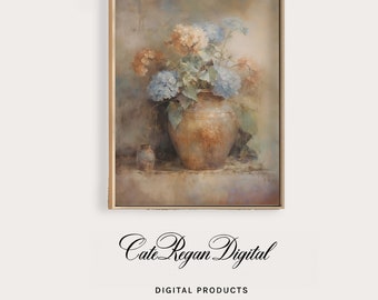 Muted Neutral Printable of a stoneware pot of flowers. Vintage tonal print with a Victorian aesthetic. Kitchen or dining room gallery wall.