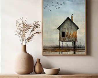 Rustic Art Piece for Gallery Wall. Blue Bayou Swamp Shack, Bird Blind. Moody and Earthy Aesthetic. Digital Print for updated Vintage Decore