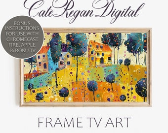 TV frame art, abstract painting, Scandi houses and trees on patchwork hills, contemporary quilt style, Turn your Smart TV into wall art