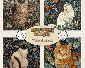 Midjourney Prompts Cat Clipart, William Morris style, AI Art Prompt, Images for your home or gifts, products to sell on line. Commercial use