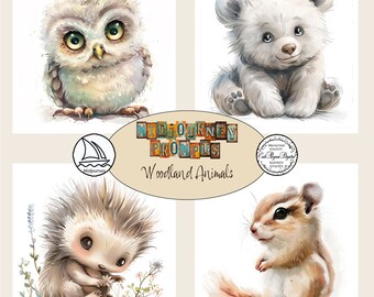 Midjourney Prompts with Whimsical Woodland Animals, professionally written, decorate your child's nursery or create products to sell online.