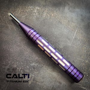 May include: A purple titanium EDC tool featuring a pointed metal tip and a cylindrical body with a series of horizontal grooves and rectangular cutouts revealing a silver-toned interior. The text CALTI TITANIUM EDC is printed in black.