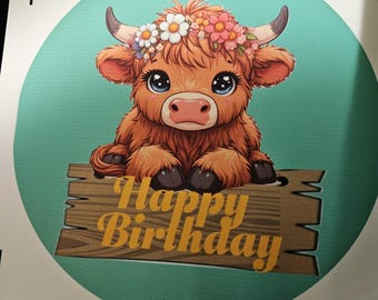Highland Cow Birthday Cake Topper, Edible Icing Disc