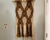 Vintage Macramé wall hanging, large macrame wall decor, 47x22, brown orange tan, yarn art