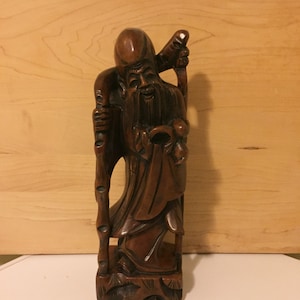 Vintage Holz geschnitzt, Figur, asiatischen Statue, Gott der Langlebigkeit, asiatische Holzfigur, langen Bart und Personal, asiatische Kunst