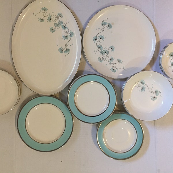 Taylor smith taylor blue lace, saucer, versatile, plates, bowls, platter, aqua with silver trim, turquoise, blue flowers, choose one