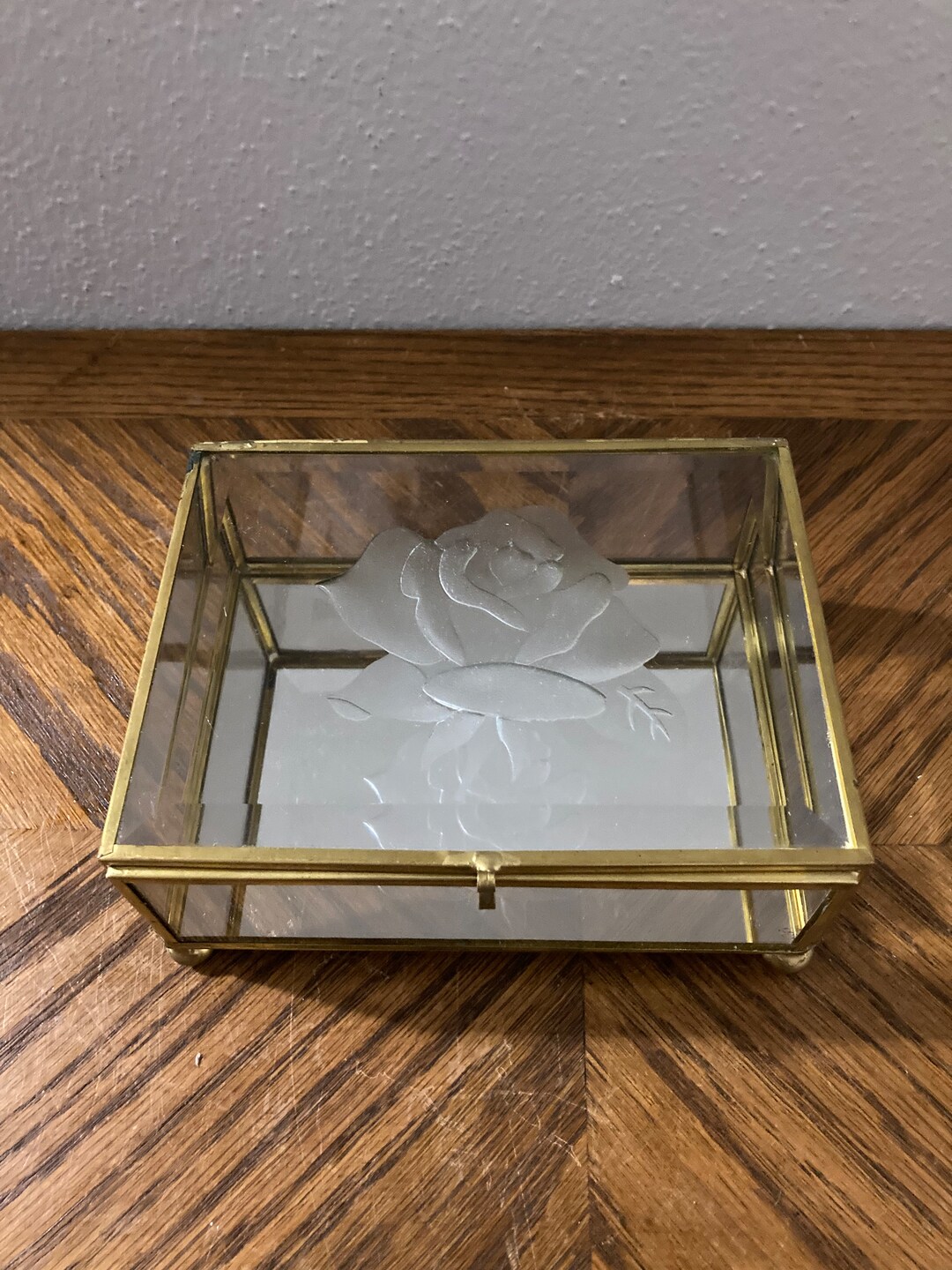 Vintage Brass and Glass Curio Box, Glass Trinket Box, Glass Jewelry Box