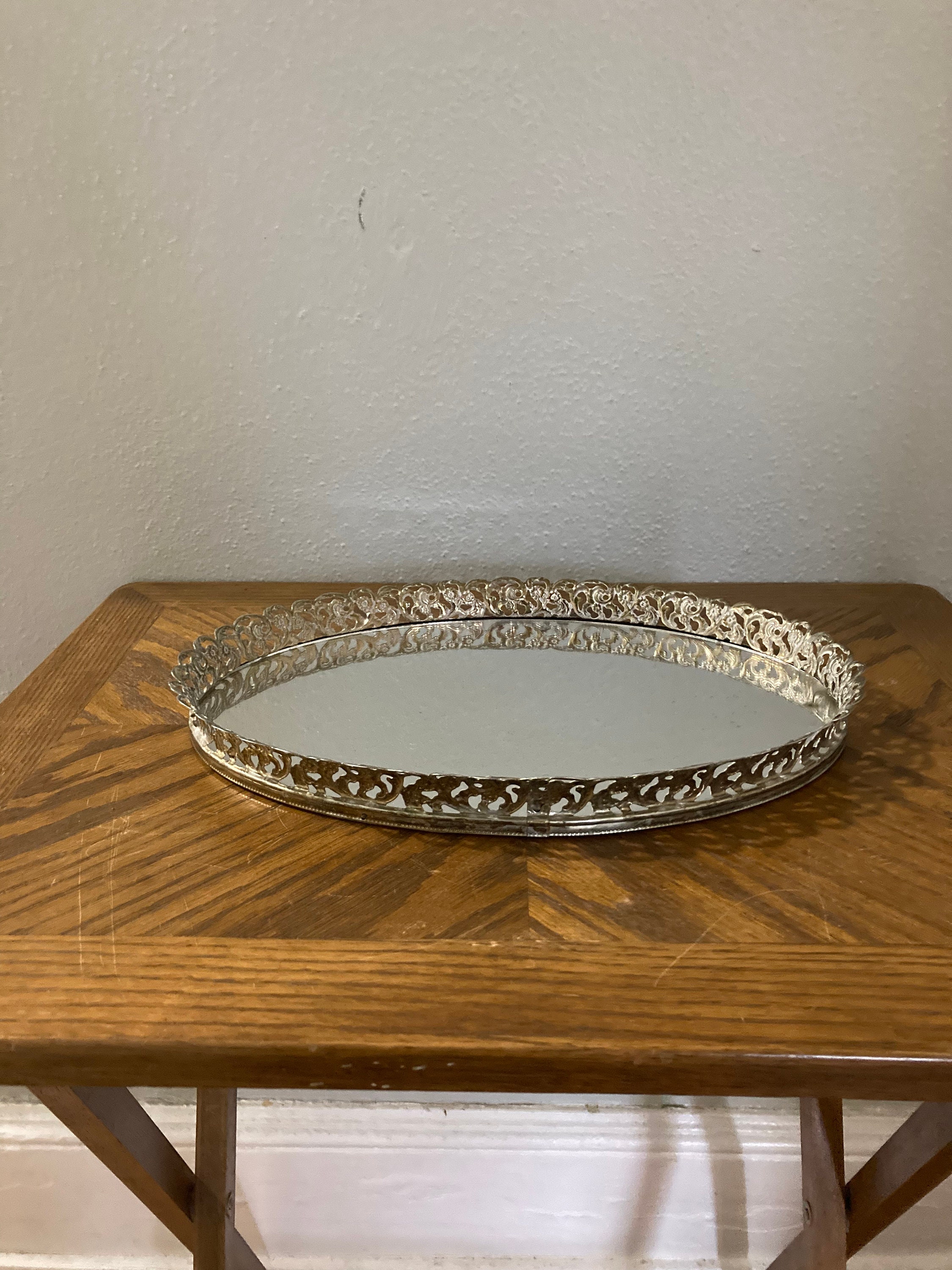 Vintage Mirror Vanity Tray Oval Mirrored Tray Jewelry Tray Etsy