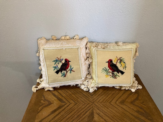 Vintage Bird Needlepoint Pillows, Woodpecker, Satin Checkered, Lace, Yellow  and Red Needlepoint Pillow, Tassels, Decorative Pillow, Set of 2 