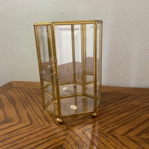 Vintage brass and glass curio cabinet, glass trinket box, glass jewelry box, brass hinge, decorative box, hinged box, small display box