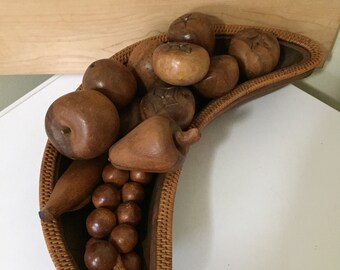 Vintage Crescent Wooden Fruit Bowl with 14 Faux Fruits