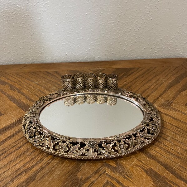 Vintage mirror vanity tray lipstick holder, oval mirrored tray, jewelry tray, perfume tray, hollywood regency, lipstick tray