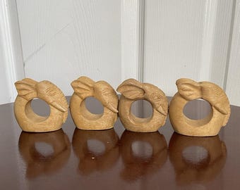 Vintage Set Of 4 Wooden Hand Carved Elephant Napkin Rings