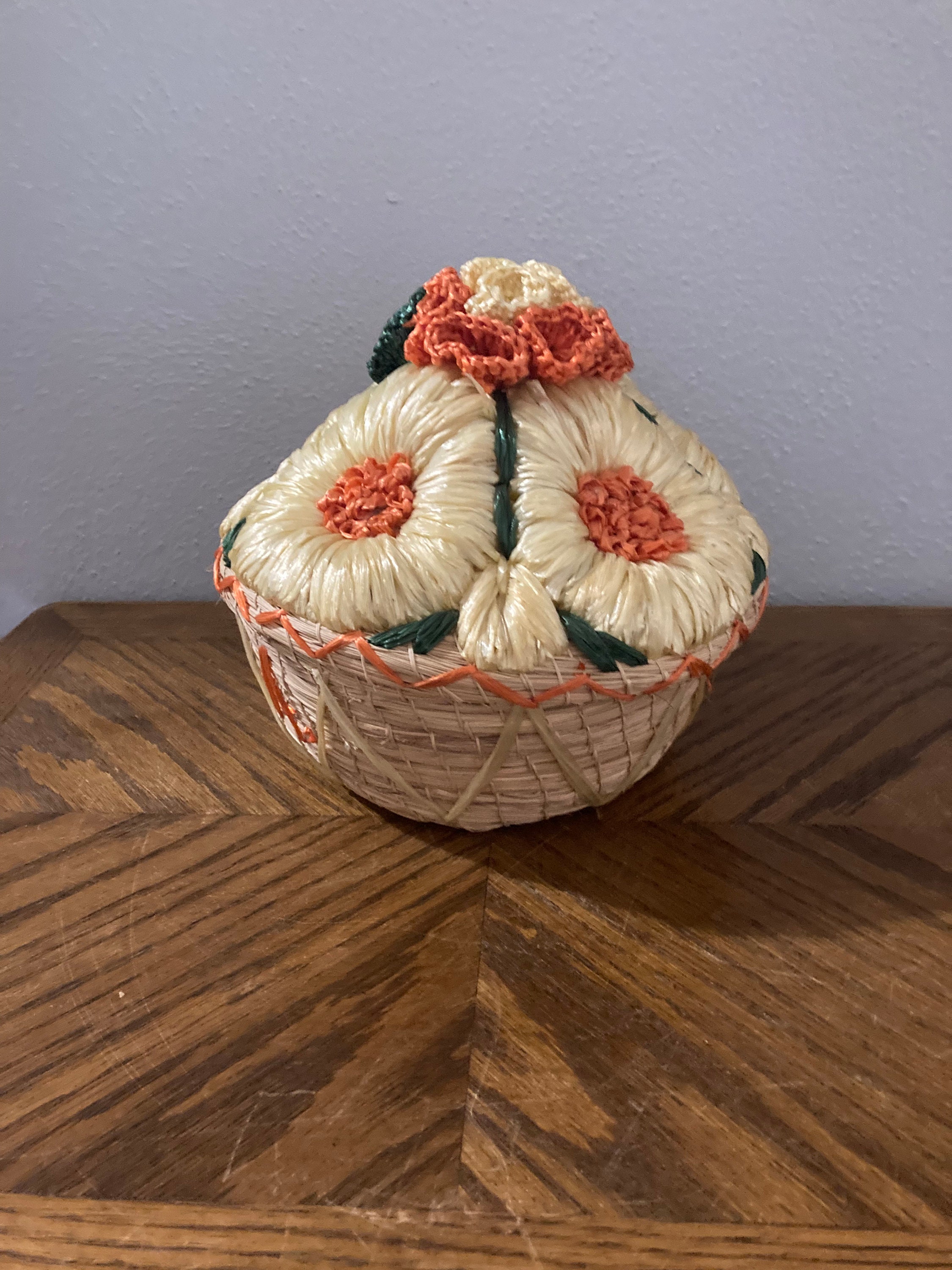 ラフィアの花編みバスケット：蓋付きジャマイカバスケット - Etsy 日本