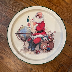 Santa Claus tin tray, Christmas tray, vintage Santa tray, round tray,vintage holiday tray, peace on earth