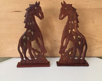 Vintage Teak Horses with Brass Inlay - Set of 2
