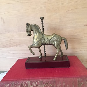 Vintage Brass carousel horse, brass horse paperweight, brass statue, brass animal, carousel horse, wood base