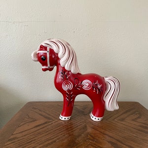 Vintage red folk art horse, Russian folk art, paper mâché horse, horse decor