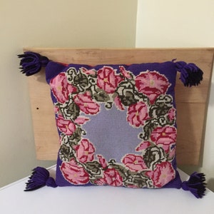 vintage needlepoint pillow, purple needlepoint pillow, flowers, floral needlepoint, tassels, decorative pillow