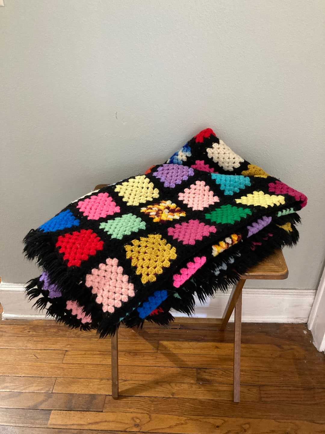 Vintage Granny Square Afghan, Black Afghan, Woven Blanket, Handmade