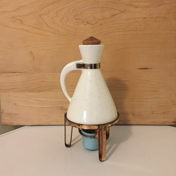 Vintage ceramic carafe with cork on warming stand, coffee carafe, votive warmer, apothecary carafe, white carafe, blue candle