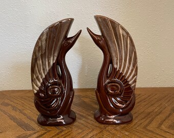 Vintage Brown Glazed Ceramic Swan Candle Holders - Set of 2