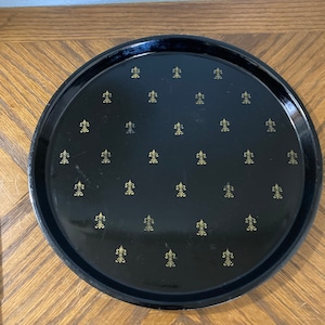 Vintage black lacquer tray, Asian black lacquer, lacquerware, fleur de lis tray, Davar, 1965, made in Japan, plastic lacquer tray